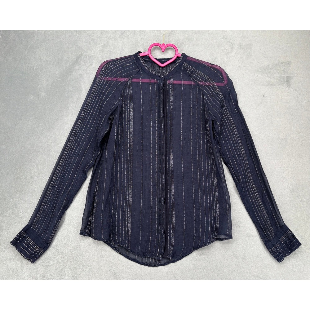 Zadig & Voltaire Chai Metal Blouse Women XS Navy Blue Metallic Stripe Sheer Top